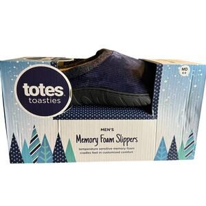 Totes Toasties Memory Foam Slippers, Navy Corduroy With Plaid, Men's 8-9, NWT